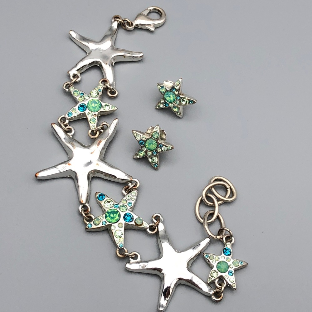 St Thomas Silver Tone Starfish Bracelet and Earrings Set Blue Green Rhinestone